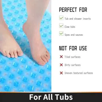Yimobra Bathtub Mat Non Slip, 34.5x15.5 Inch Long Shower Mat with Drain Holes Suction Cups, Bath Mats for Inside Shower, Machine Washable, BPA, Latex, Phthalate Free, Clean Blue