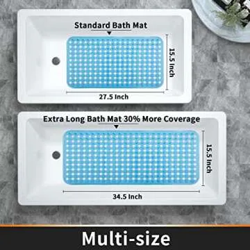 Yimobra Bathtub Mat Non Slip, 34.5x15.5 Inch Long Shower Mat with Drain Holes Suction Cups, Bath Mats for Inside Shower, Machine Washable, BPA, Latex, Phthalate Free, Clean Blue