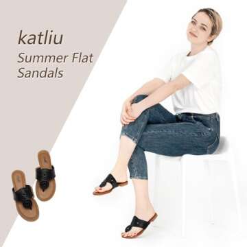 katliu Women's Flat Sandals Flip Flop Sandals Dressy Thong Sandals Black