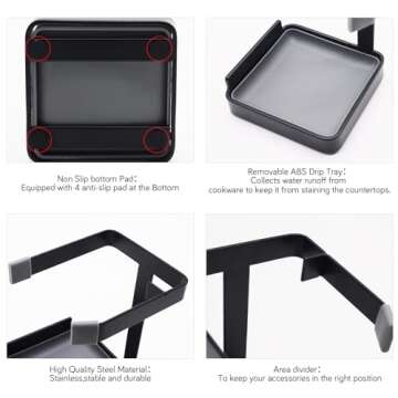 vocheer Pot Lid Holder, Kitchen Organizer Rack Spoon Rest Rack Holder-Lid Stand for Utensils in Kitchen, Black