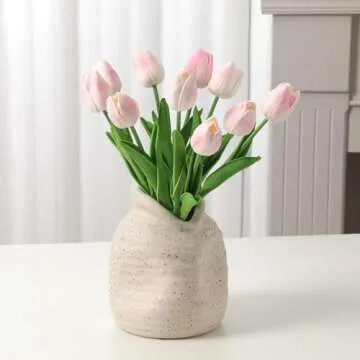 SOJIRUSPA Pink Tulips Artificial Flowers 20 Pcs Fake Tulips PU Artificial Tulips Flower Arrangement Faux Tulips Real Touch Tulip Fake Flowers Decoration Bouquet for Home Party Wedding Decor
