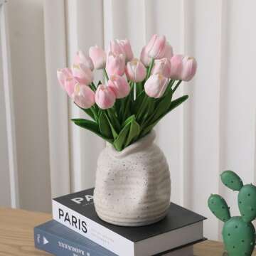 SOJIRUSPA Pink Tulips Artificial Flowers 20 Pcs Fake Tulips PU Artificial Tulips Flower Arrangement Faux Tulips Real Touch Tulip Fake Flowers Decoration Bouquet for Home Party Wedding Decor