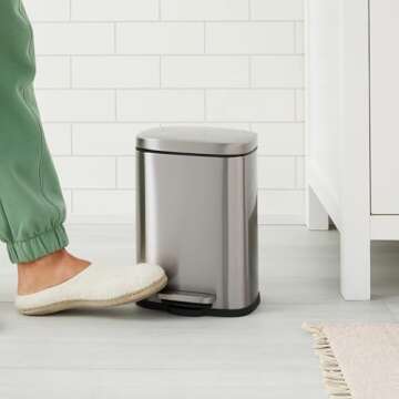 Amazon Basics Smudge Resistant Mini Rectangular Trash Can with Soft-Close Foot Pedal, Brushed Stainl...