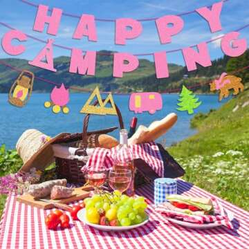 Kristin Paradise Happy Camping Banner, Glamping Party Sign Decorations for Girl, Pink Camper Theme S...