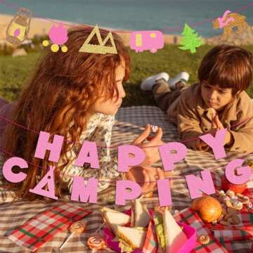 Kristin Paradise Happy Camping Banner, Glamping Party Sign Decorations for Girl, Pink Camper Theme Supplies, Camp Birthday Themed Decor