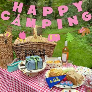 Kristin Paradise Happy Camping Banner, Glamping Party Sign Decorations for Girl, Pink Camper Theme Supplies, Camp Birthday Themed Decor