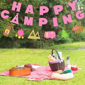Kristin Paradise Happy Camping Banner, Glamping Party Sign Decorations for Girl, Pink Camper Theme Supplies, Camp Birthday Themed Decor