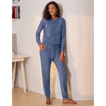 Ekouaer Womens Pajamas Set Long Sleeve Loungewear Soft Lounge Set Joggers with Pockets,X-Large,Navy ...