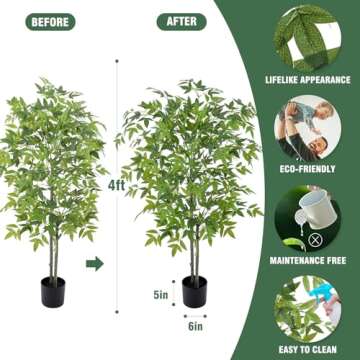 Artificial Bamboo Silk Tree, 6ft Tall Faux Bamboo Plant with 1155 Evergreen Bamboo Leaves, Lifelike ...