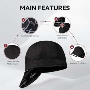ARCCAPTAIN Reversible Welding Cap, 8 Panel Protective Welders Cap, 10 oz Fireproof Cotton Comforts for Safety and Protection While Welding to Men Women, Black, 7 1/4