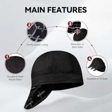 ARCCAPTAIN Reversible Welding Cap, 8 Panel Protective Welders Cap, 10 oz Fireproof Cotton Comforts for Safety and Protection While Welding to Men Women, Black, 7 1/4