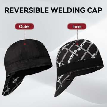 ARCCAPTAIN Reversible Welding Cap, 8 Panel Protective Welders Cap, 10 oz Fireproof Cotton Comforts for Safety and Protection While Welding to Men Women, Black, 7 1/4