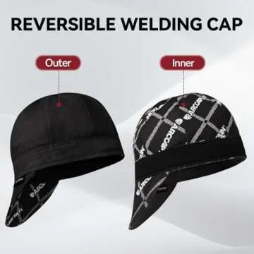 ARCCAPTAIN Reversible Welding Cap, 8 Panel Protective Welders Cap, 10 oz Fireproof Cotton Comforts for Safety and Protection While Welding to Men Women, Black, 7 1/4