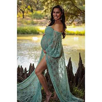 Saslax Lace Off Shoulder Doubly Split A-line Skirt Maternity Dress Soft Stretchy Pregnancy Prop Maxi...