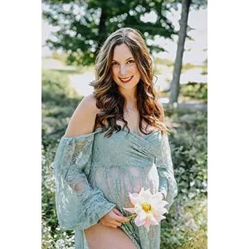 Saslax Lace Off Shoulder Doubly Split A-line Skirt Maternity Dress Soft Stretchy Pregnancy Prop Maxi Gown for Photoshoot Sage Large