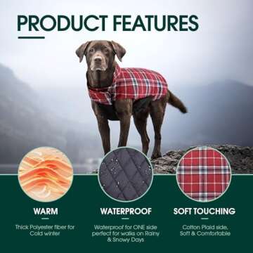 Kuoser Warm Dog Coat, Reversible Jacket Waterproof Winter Coat British Style Plaid Clothes Pet Cold Weather Coats Cozy Snow Vest for Small Medium Large Dogs Red S