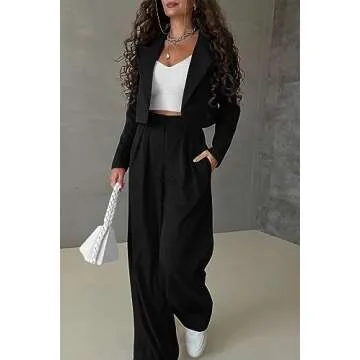 PRETTYGARDEN Women's 2 Piece Casual Outfits Cropped Blazer Jackets High Waisted Wide Leg Work Pants Suit Set (Black,Small)