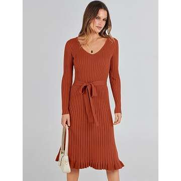 ANRABESS Women's 2024 Sweater Dress Long Sleeve V Neck Pleated Slim Ribbed Knit Fall Fashion Midi Dresses with Belt