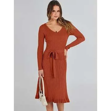 ANRABESS Women's 2024 Sweater Dress Long Sleeve V Neck Pleated Slim Ribbed Knit Fall Fashion Midi Dresses with Belt