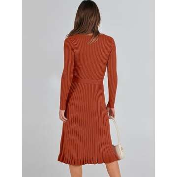 ANRABESS Women's 2024 Sweater Dress Long Sleeve V Neck Pleated Slim Ribbed Knit Fall Fashion Midi Dresses with Belt