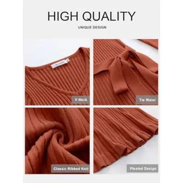 ANRABESS Women's 2024 Sweater Dress Long Sleeve V Neck Pleated Slim Ribbed Knit Fall Fashion Midi Dresses with Belt