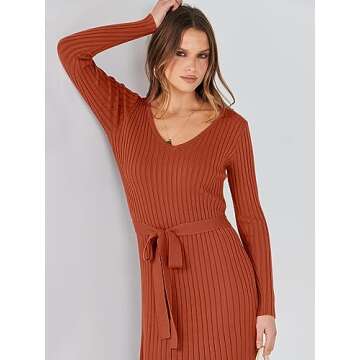 ANRABESS Women's 2024 Sweater Dress Long Sleeve V Neck Pleated Slim Ribbed Knit Fall Fashion Midi Dresses with Belt
