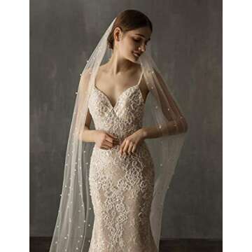 EllieHouse Womens Long Cathedral Length 1 Tier Pearl Ivory Wedding Bridal Veil With Metal Comb HD34IV