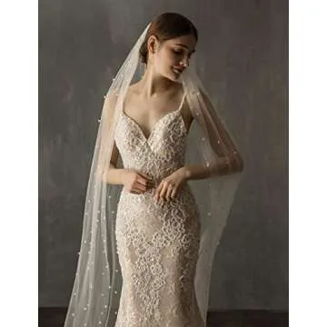 EllieHouse Womens Long Cathedral Length 1 Tier Pearl Ivory Wedding Bridal Veil With Metal Comb HD34IV