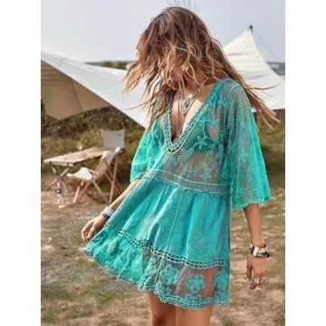 Eomenie Women's Contrast Lace Bathing Suit Cover Up V-Neck