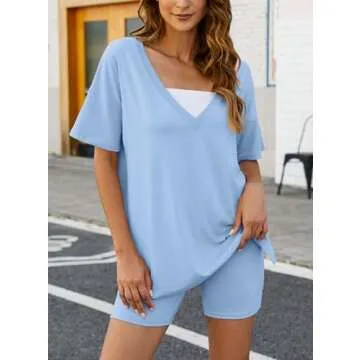 Yanekop Womens Oversized 2 Piece Outfit Sets Reversible V Neck T Shirt Biker Shorts Sports Tracksuit(Light Blue,L)