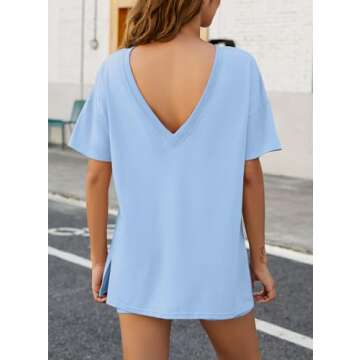 Yanekop Womens Oversized 2 Piece Outfit Sets Reversible V Neck T Shirt Biker Shorts Sports Tracksuit(Light Blue,L)