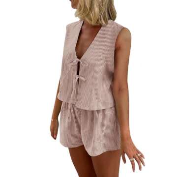 Women Casual Summer Lounge Set Y2k 2 Piece Outfits Set Sleeveless Tie Front Tank Top Vest Boxer Shor...