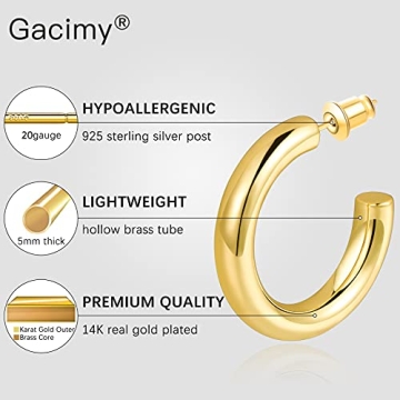 Gacimy Chunky Gold Hoop Earrings 14K Plated Sterling Silver