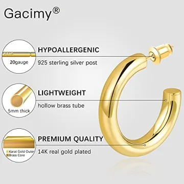 Gacimy Chunky Gold Hoop Earrings 14K Plated Sterling Silver