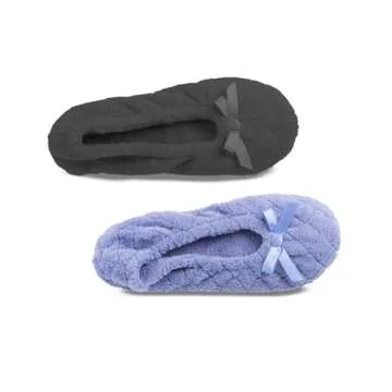 Isotoner Women's 2 Pack Mictroterry Ballerina Slipper with a Satin Bow, Plush Lining and Suede Sole, Periwinkle Quilted/Ash Solid, 8-9