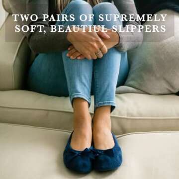 Isotoner Women's 2 Pack Mictroterry Ballerina Slipper with a Satin Bow, Plush Lining and Suede Sole, Periwinkle Quilted/Ash Solid, 8-9