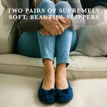 Isotoner Women's 2 Pack Mictroterry Ballerina Slipper with a Satin Bow, Plush Lining and Suede Sole, Periwinkle Quilted/Ash Solid, 8-9