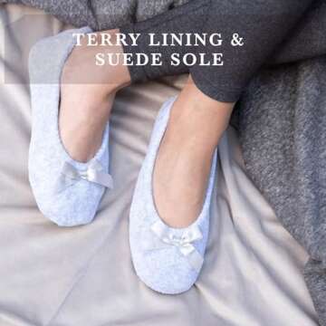 Isotoner Women's 2 Pack Mictroterry Ballerina Slipper with a Satin Bow, Plush Lining and Suede Sole, Periwinkle Quilted/Ash Solid, 8-9