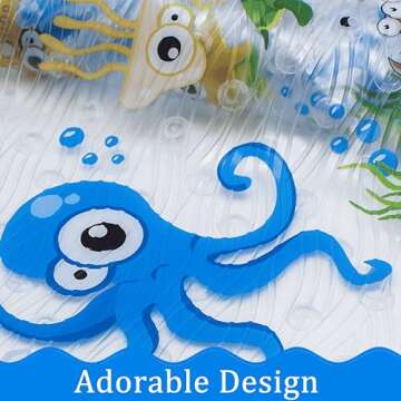 BEEHOMEE Bath Mats for Tub Kids,Baby Toddler - Large Cartoon Non-Slip Bathroom Bathtub Anti-Slip Shower Mats for Floor 35x15,Machine Washable XL Size Bathroom Mats (Blue-Octopus)