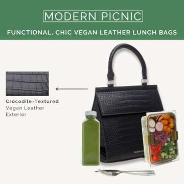 Modern Picnic Vegan Leather Lunch Bag for Women, Cooler Lunch bag for Girls, Easily Wipeable, Adjust...