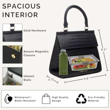 Modern Picnic Vegan Leather Lunch Bag for Women, Cooler Lunch bag for Girls, Easily Wipeable, Adjustable Shoulder Strap, Women’s Lunch Bags for Work/Office/Outdoor, Black As Seen on Shark Tank