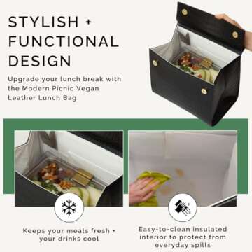 Modern Picnic Vegan Leather Lunch Bag for Women, Cooler Lunch bag for Girls, Easily Wipeable, Adjustable Shoulder Strap, Women’s Lunch Bags for Work/Office/Outdoor, Black As Seen on Shark Tank