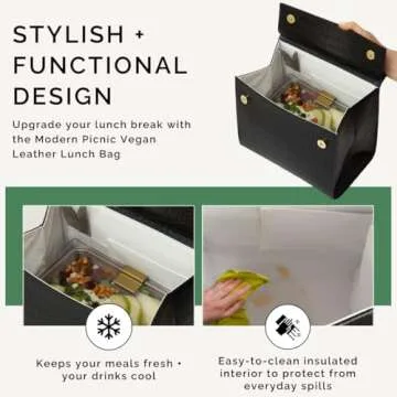 Modern Picnic Vegan Leather Lunch Bag for Women, Cooler Lunch bag for Girls, Easily Wipeable, Adjustable Shoulder Strap, Women’s Lunch Bags for Work/Office/Outdoor, Black As Seen on Shark Tank