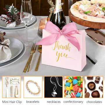 DECHISY 60Pack Small Thank You Gift Bags, 4.5x1.8x3.9 Inches Pink Paper Gift Bags with Ribbon Mini Gift Bags Bulk Wedding Candy favor boxes Birthday Party Favor Bags for Baby Shower Anniversary.