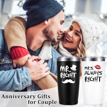 Mr. Right Mrs. Always Right Travel Tumbler Set, Wedding Engagement Gifts for Husband Wife Newlywed Couples Bride Groom Anniversary Bridal Shower, 20oz Stainless Steel Travel Tumbler, Black and White