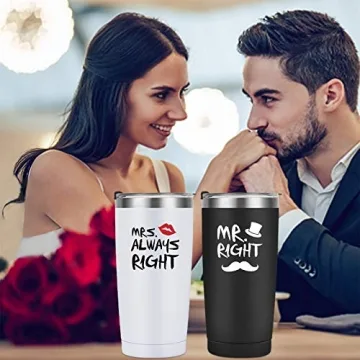 Mr. Right Mrs. Always Right Travel Tumbler Set, Wedding Engagement Gifts for Husband Wife Newlywed Couples Bride Groom Anniversary Bridal Shower, 20oz Stainless Steel Travel Tumbler, Black and White