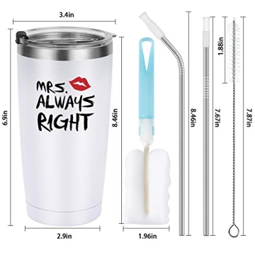 Mr. Right Mrs. Always Right Travel Tumbler Set, Wedding Engagement Gifts for Husband Wife Newlywed Couples Bride Groom Anniversary Bridal Shower, 20oz Stainless Steel Travel Tumbler, Black and White