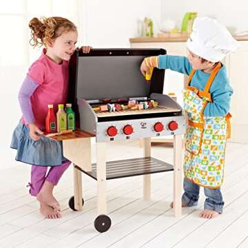 Hape Wooden Gourmet Grill and Shish Kabob| Pretend Playset Cooking Sets with Play Food for Kids