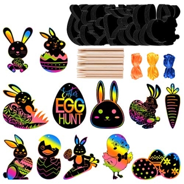 FEPITO 24 Pcs Easter Scratch Paper Kits Bunny Scratch Paper Black Doodle Pad Magic Painting Board DI...