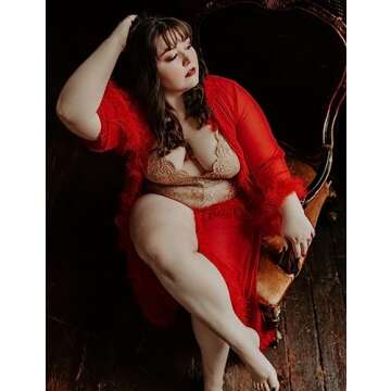 ohyeahlady Sheer Kimono Robe Long Plus Size Feather Robes for Women Lingerie Bridal Tulle Robe Red X...